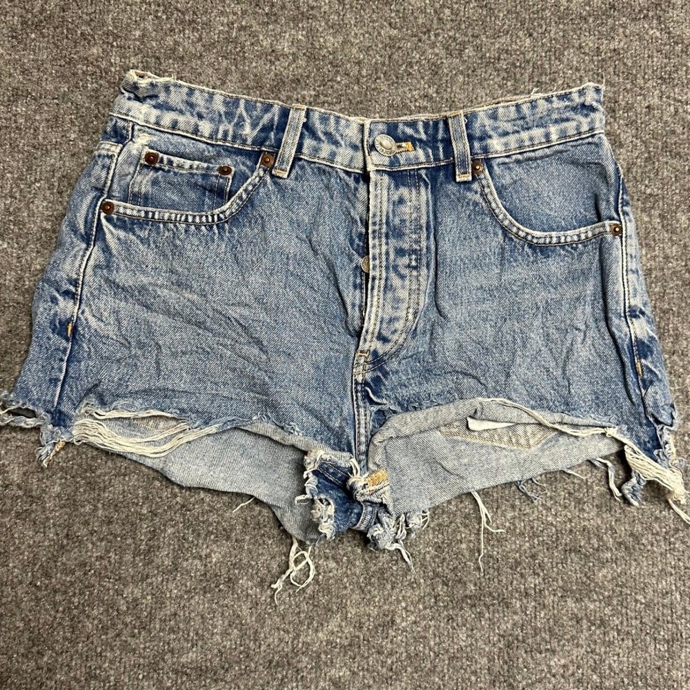 Zara Denim Shorts Womens Size 4 Blue High Waisted Distressed Cutoff Raw Hem